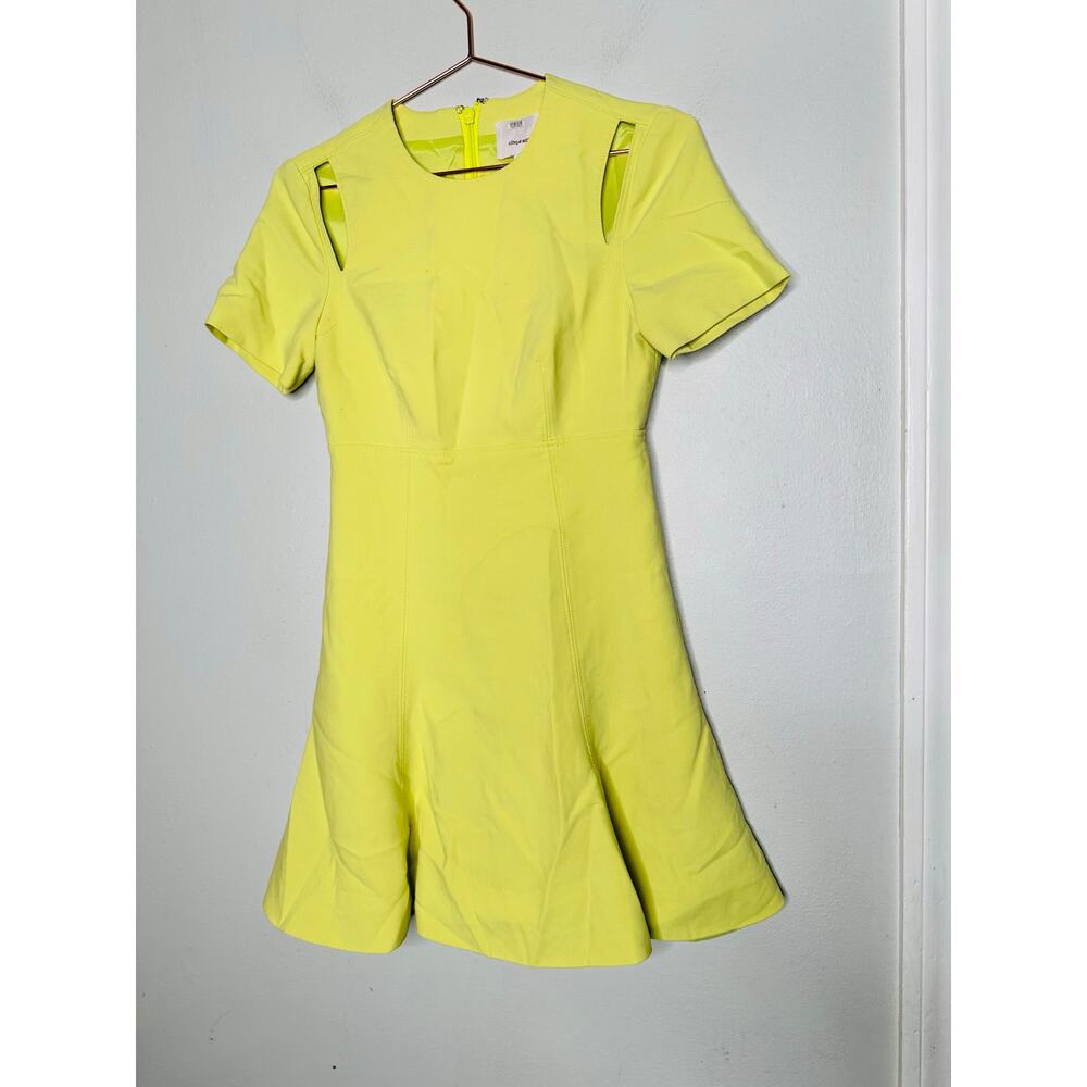 CINQ Á SEPT Neon Yellow Shoulder Cutouts Flared Hourglass Alyssa Dress Size 2 - Picture 4 of 11